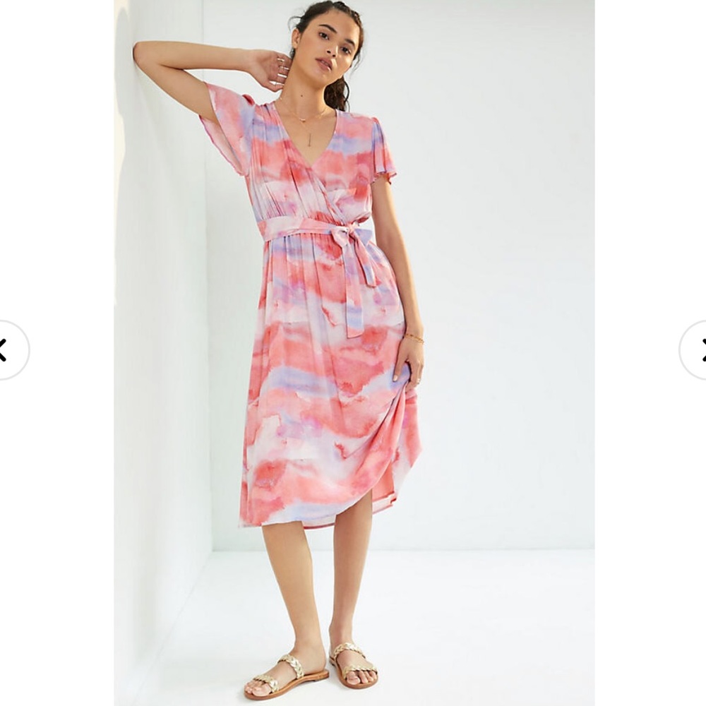 Anthropologie Cloth & Stone Watercolor Faux Wrap Midi Dress in Pink